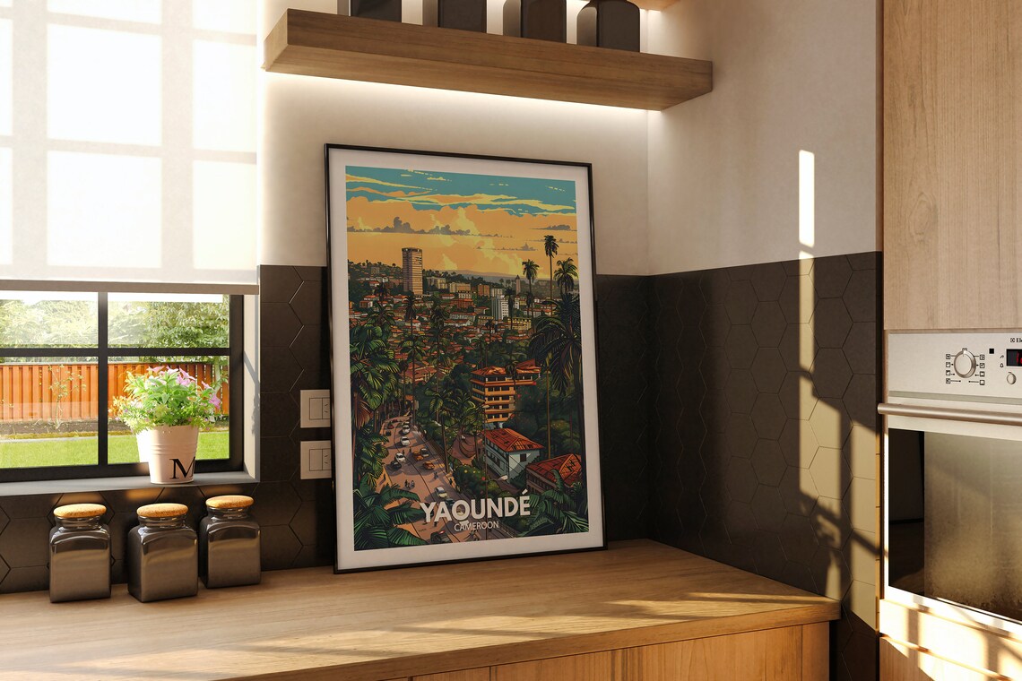 Yaounde Cameroon Tropical City Palm Trees Sunset Travel Poster - Image 2