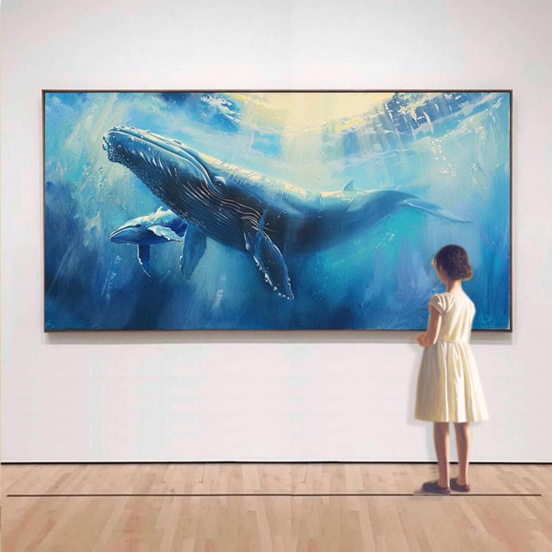 Abstract Blue Whale Ocean Art Print, Sunlit Oil Painting