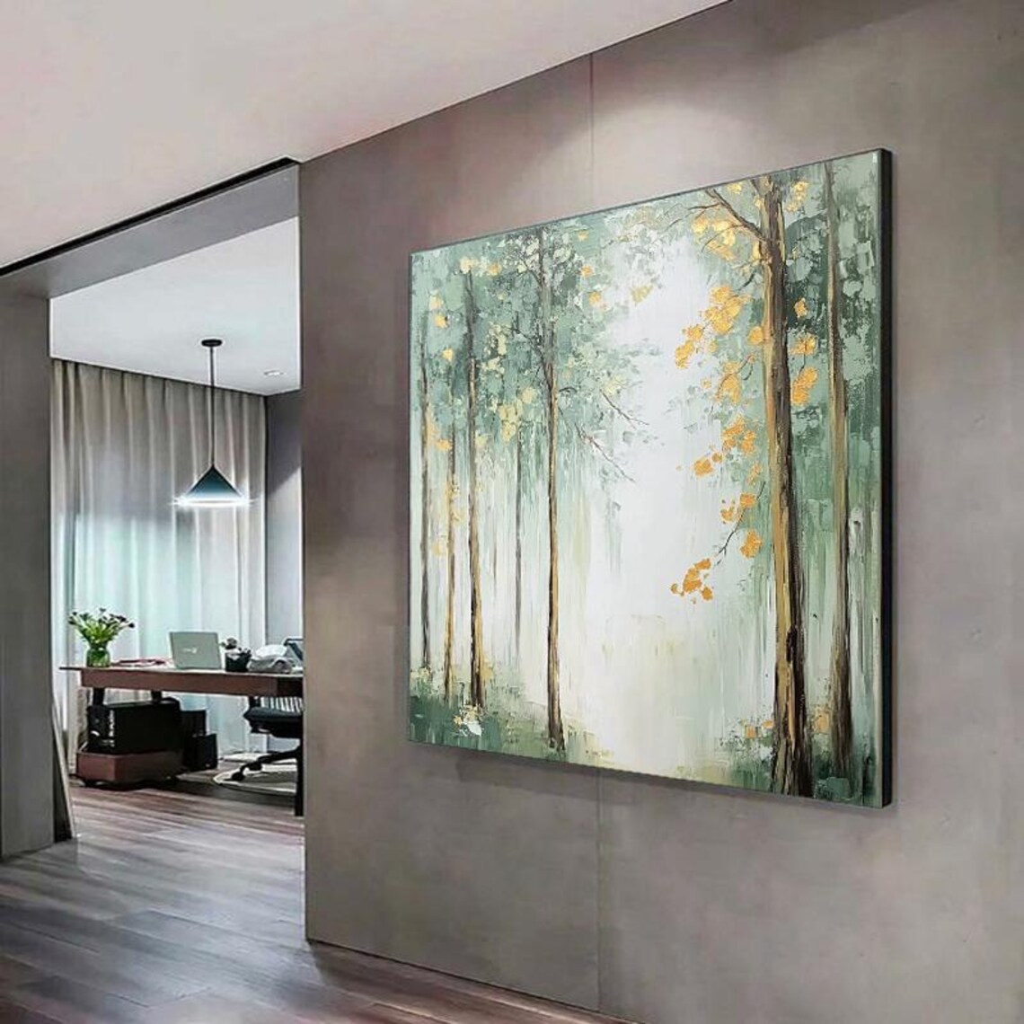 Misty Forest Landscape Golden Accents Serene Woodland Poster - Image 3