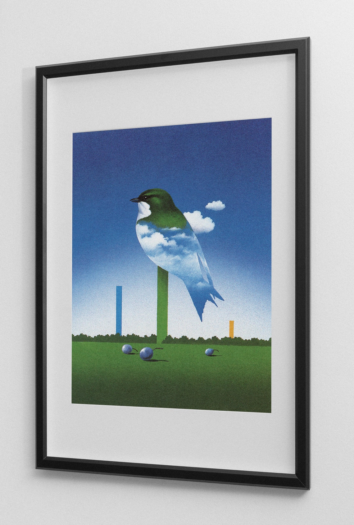 Surreal Cloud Bird Perched Green Field Minimal Dreamscape Poster - Image 2
