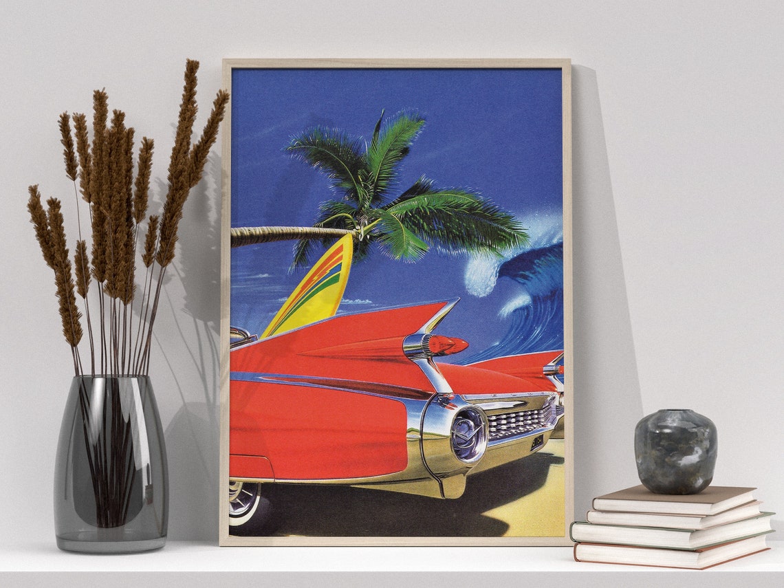 Red Classic Car Surfboard Palm Tree Crashing Wave Retro Poster
