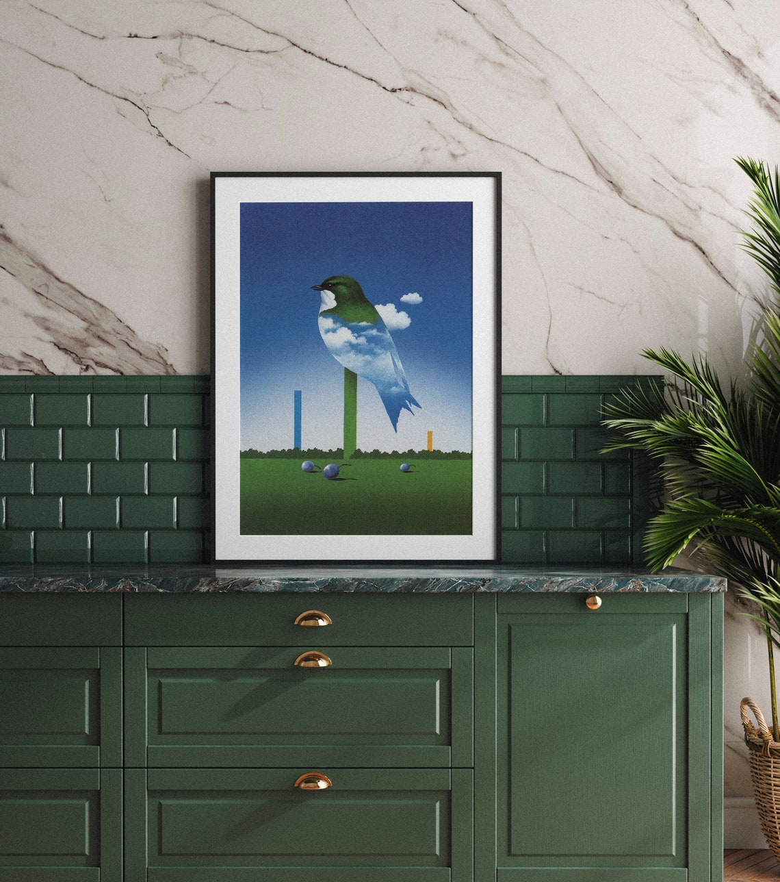 Surreal Cloud Bird Perched Green Field Minimal Dreamscape Poster - Image 3