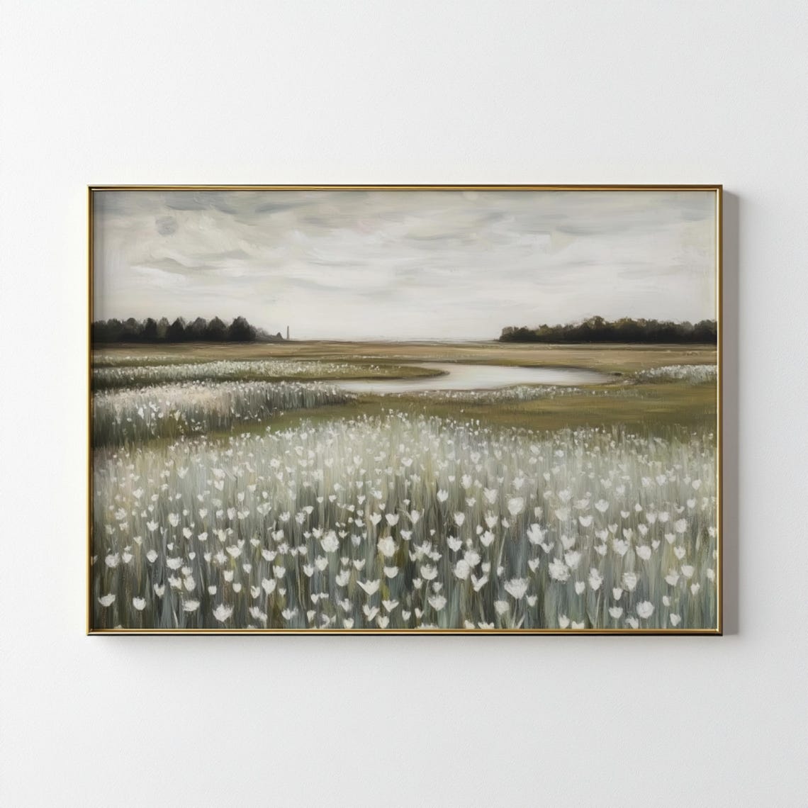 White Tulip Field With Winding Stream Moody Spring Landscape Poster - Image 2