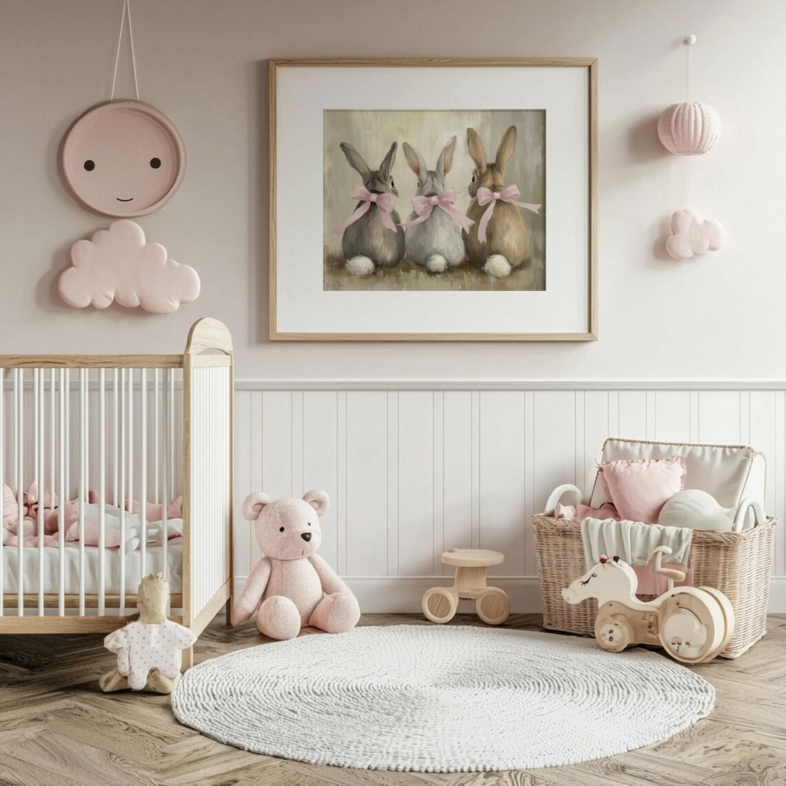 Spring Bunny Rabbits With Pink Ribbon, Vintage Poster - Image 3