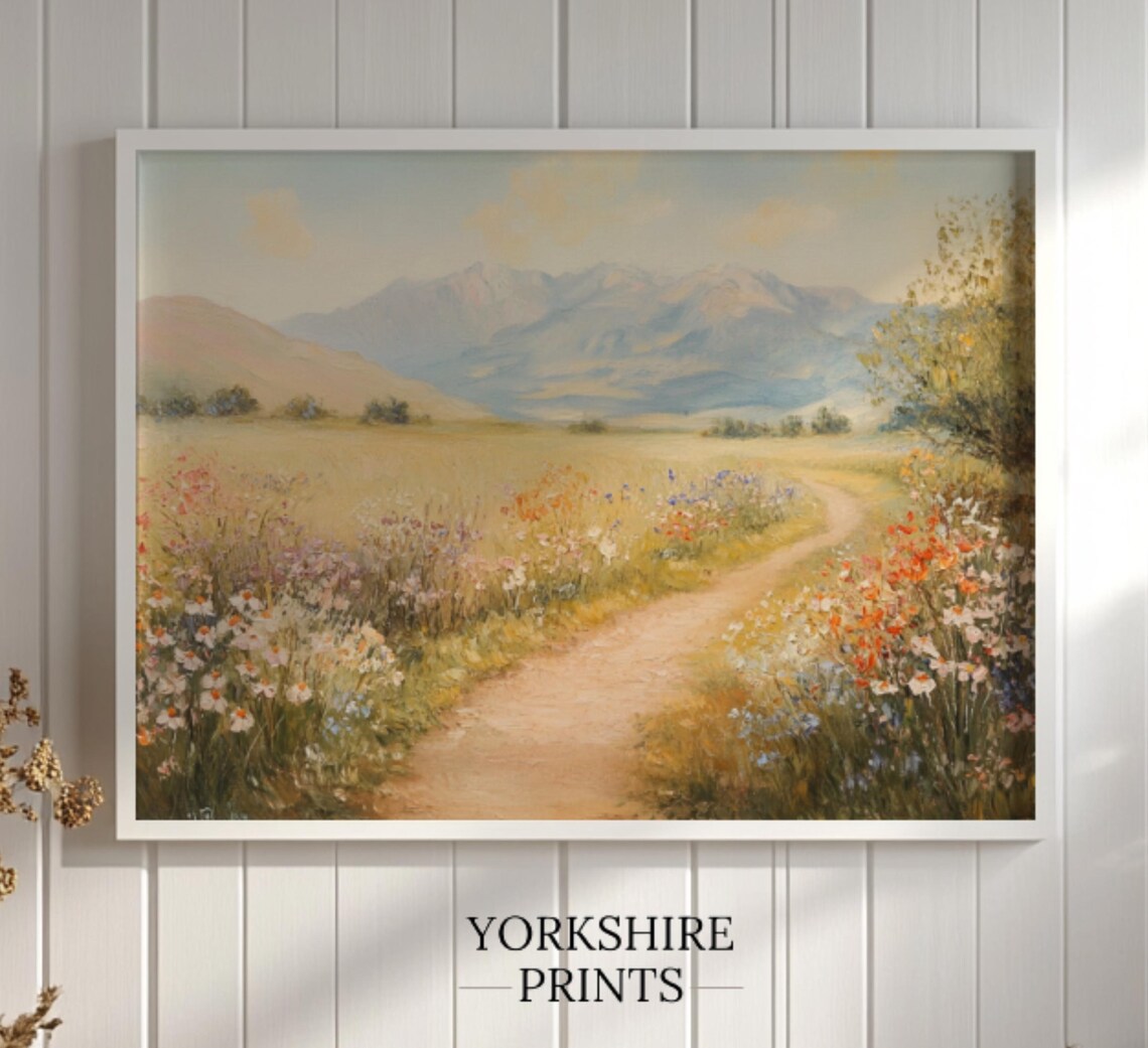Wildflower Field Oil Painting, Rustic Landscape Art Print - Image 3