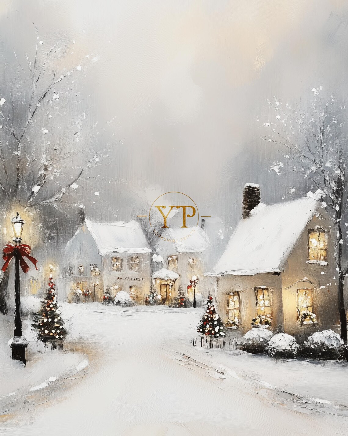 Snowy Village Street With Glowing Cottages Winter Holiday Poster - Image 3