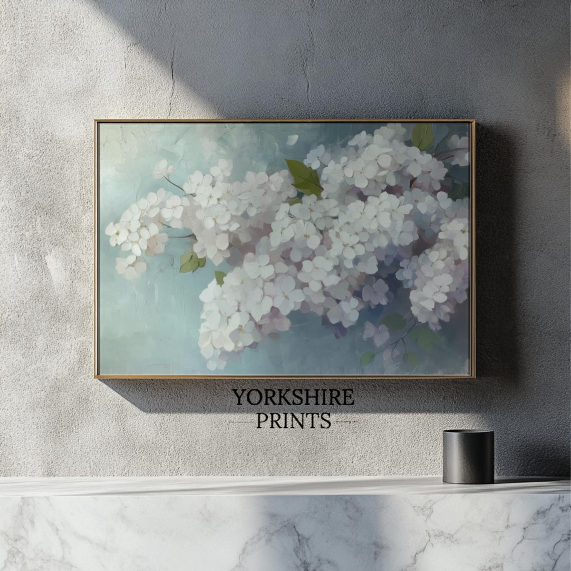 White Hydrangea Blooms Soft Blue Botanical Floral Oil Poster - Image 3