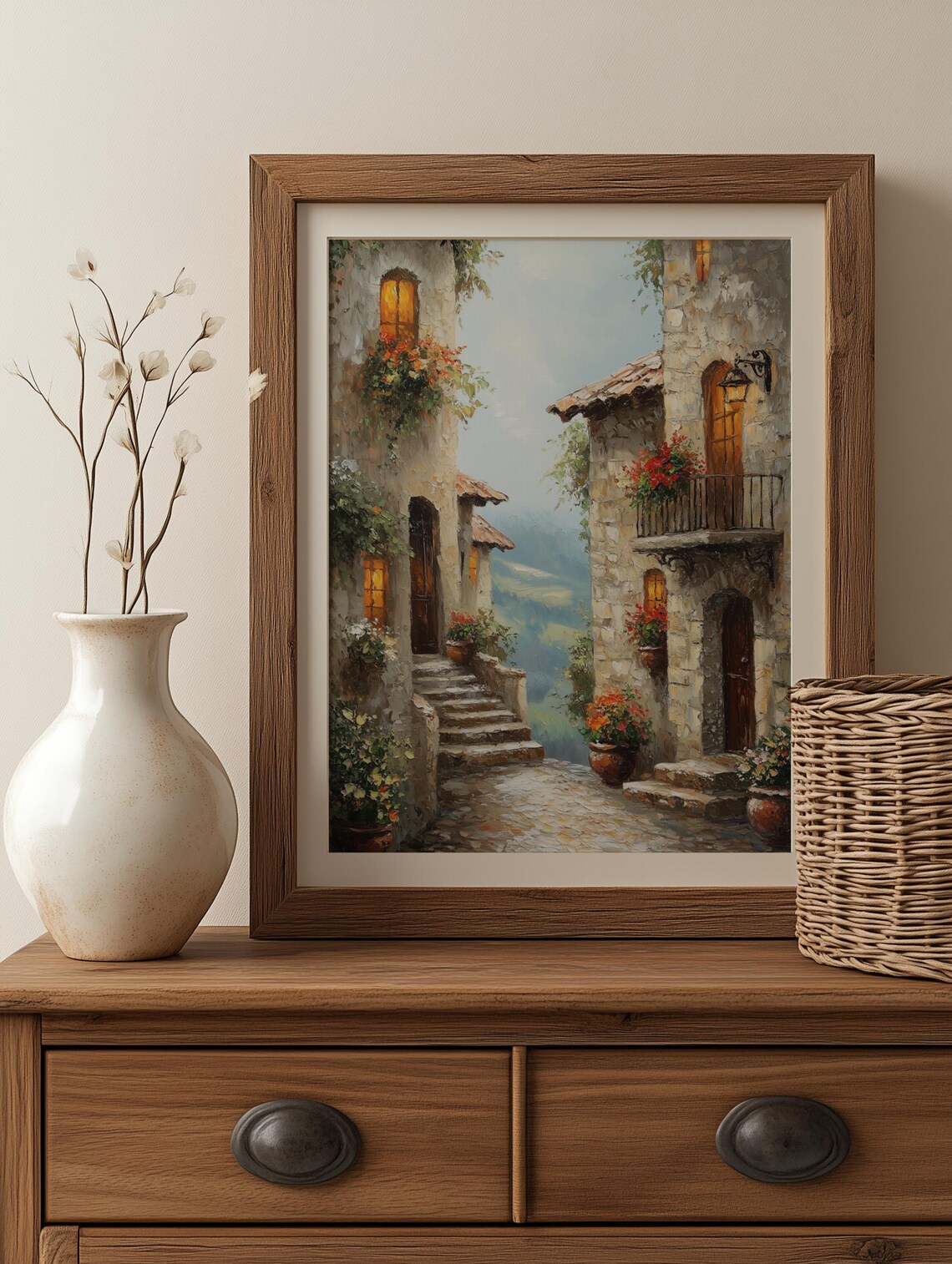 Rustic Italian Village Wall Art Mediterranean Landscape Painting Warm Home Decor Vintage Village Oil Painting Cozy Landscape Wall Art - Image 3