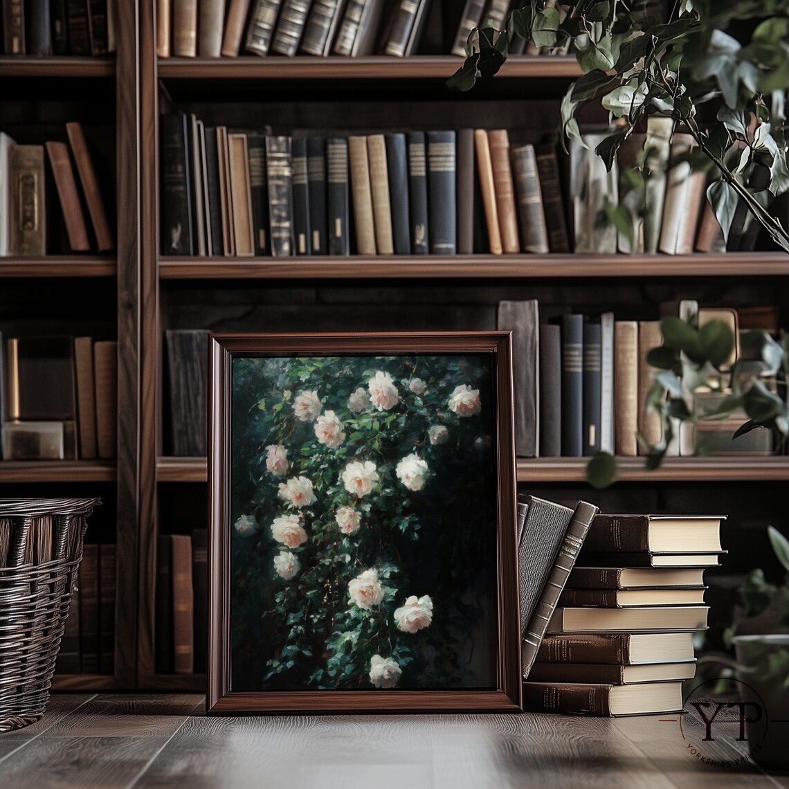 White Climbing Roses Dark Foliage Moody Vintage Floral Art Poster - Image 3