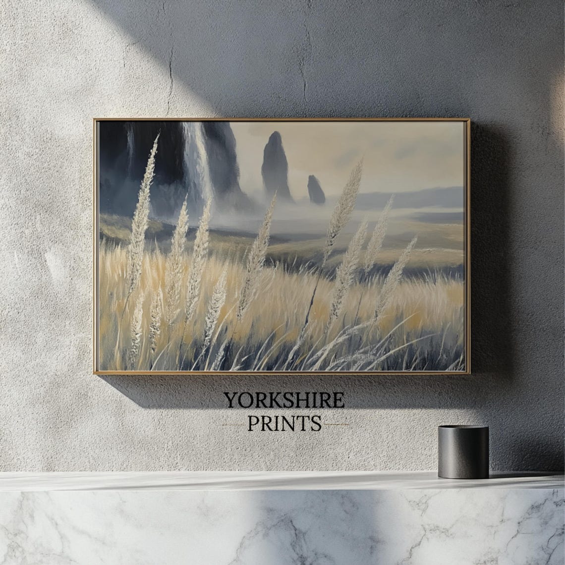 Waterfall Sea Stacks Golden Wheat Field Misty Coastal Landscape Poster - Image 3