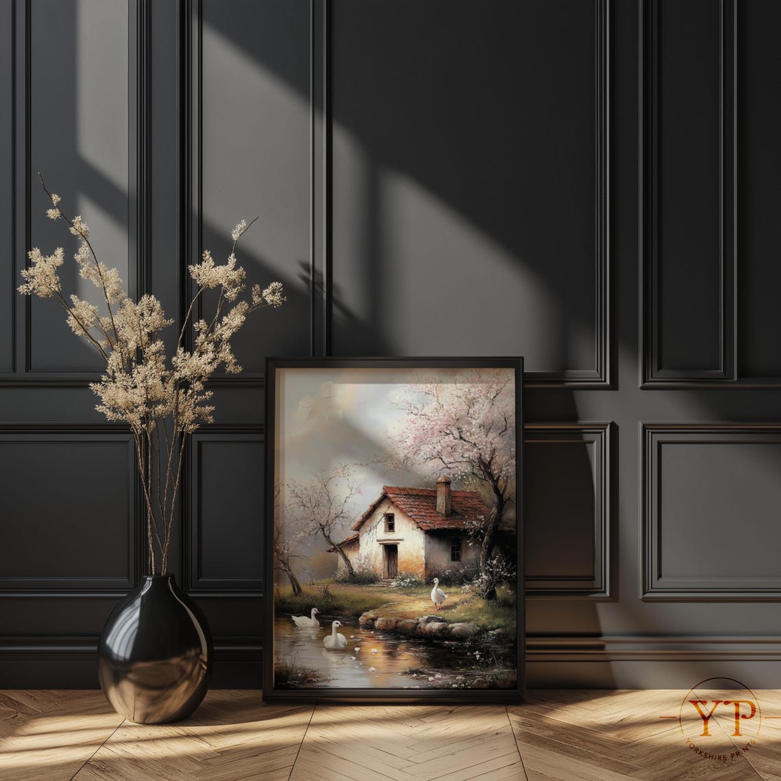 Stone Cottage Cherry Blossom Spring White Ducks Pond Rustic Poster - Image 3
