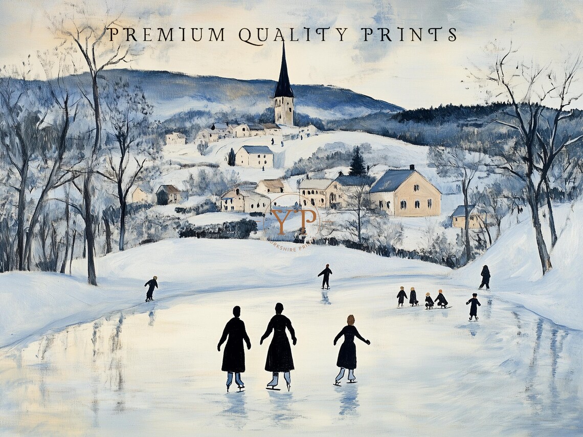 Ice Skaters On Frozen Pond In Snowy Village Winter Landscape Poster - Image 3