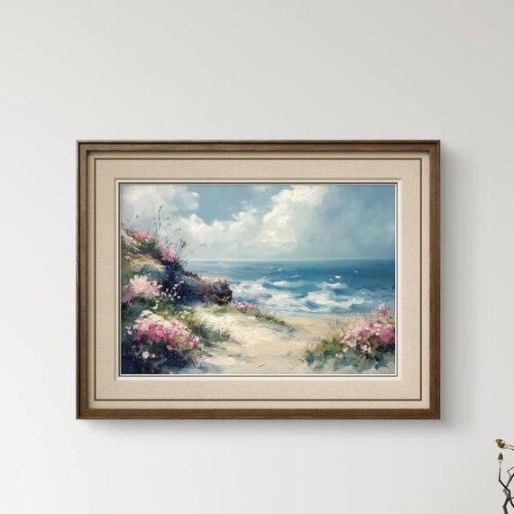 Coastal Wildflower Seascape Pink Blooms Sandy Beach Oil Painting Poster