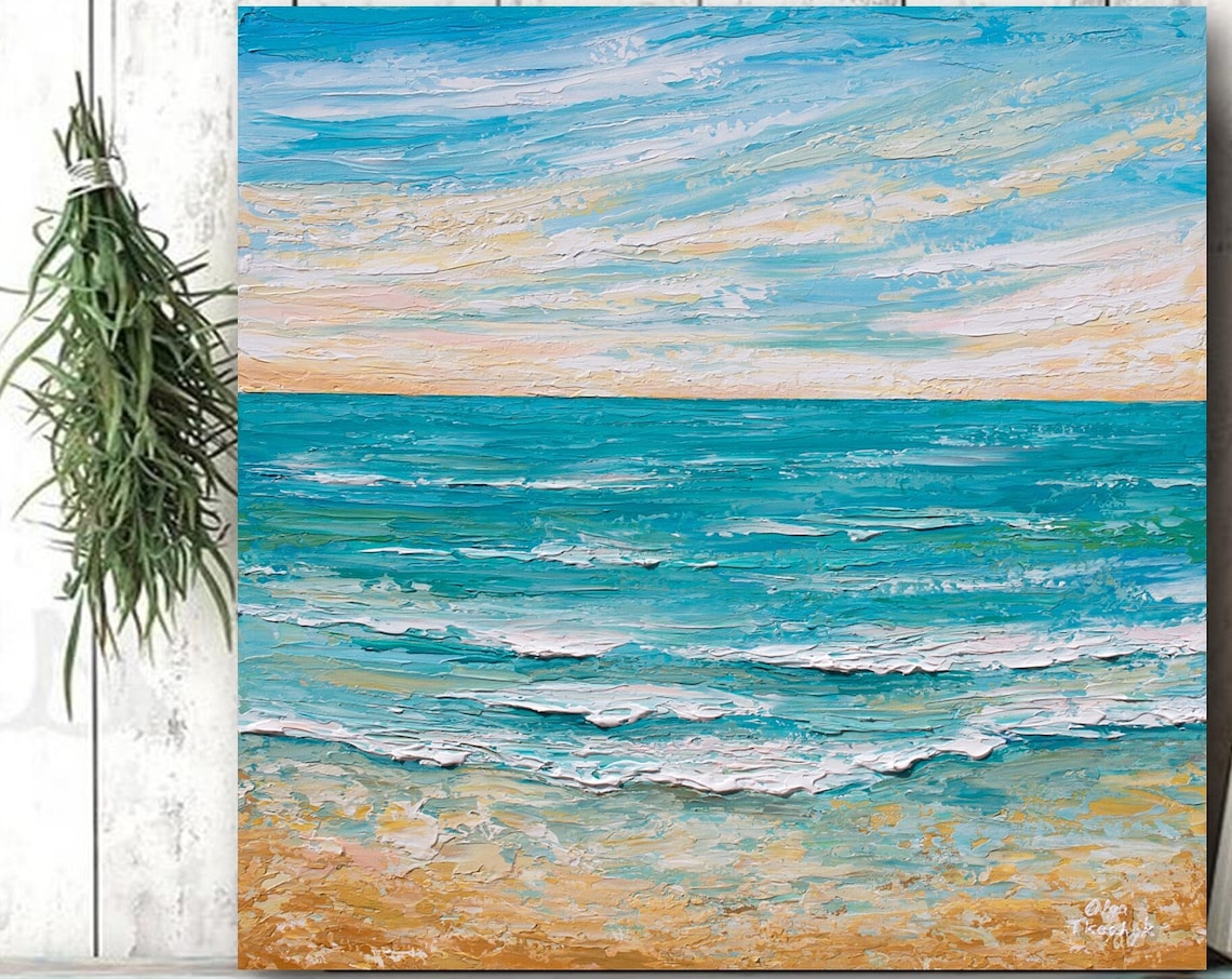 Ocean Sunrise Painting Turquoise Water Golden Beach Morning Art Poster