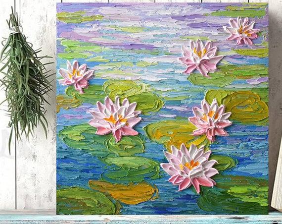 Pink Water Lilies Print Of Impressionist Floral Painting Monet Inspired Water Pond Wall Art Dcor