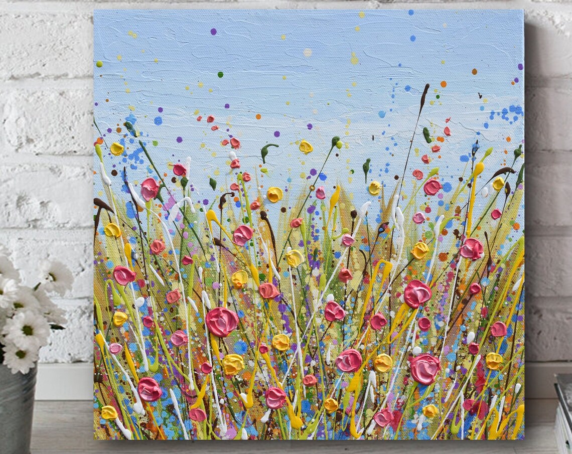 Pink Yellow Wildflower Grass Blue Sky Spring Impasto Art Print