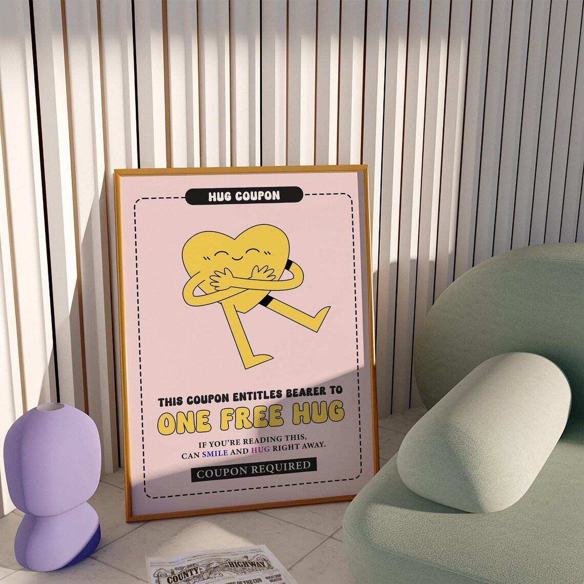 Hug Coupon One Free Hug Yellow Heart Pink Retro Character Quote Poster