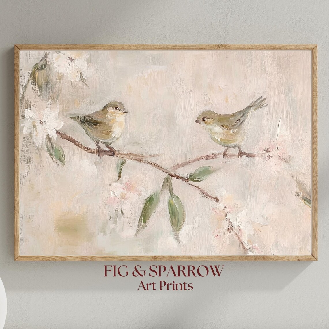 Two Songbirds On Blossom Branch Pastel Floral Bird Painting Wall Art