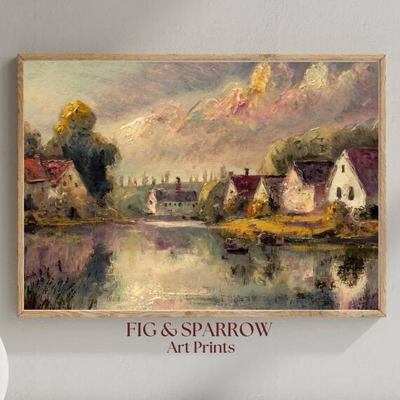 European Riverside Village Impressionist Oil Painting Landscape Print