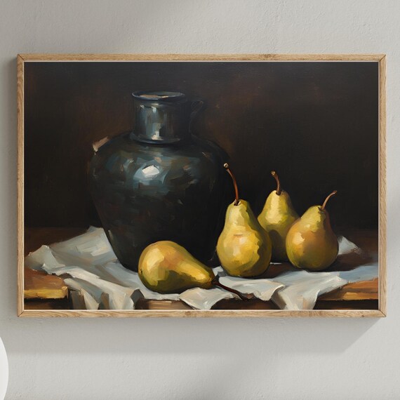 Vintage Still Life Print Jug And Pears Dark Academia Decor