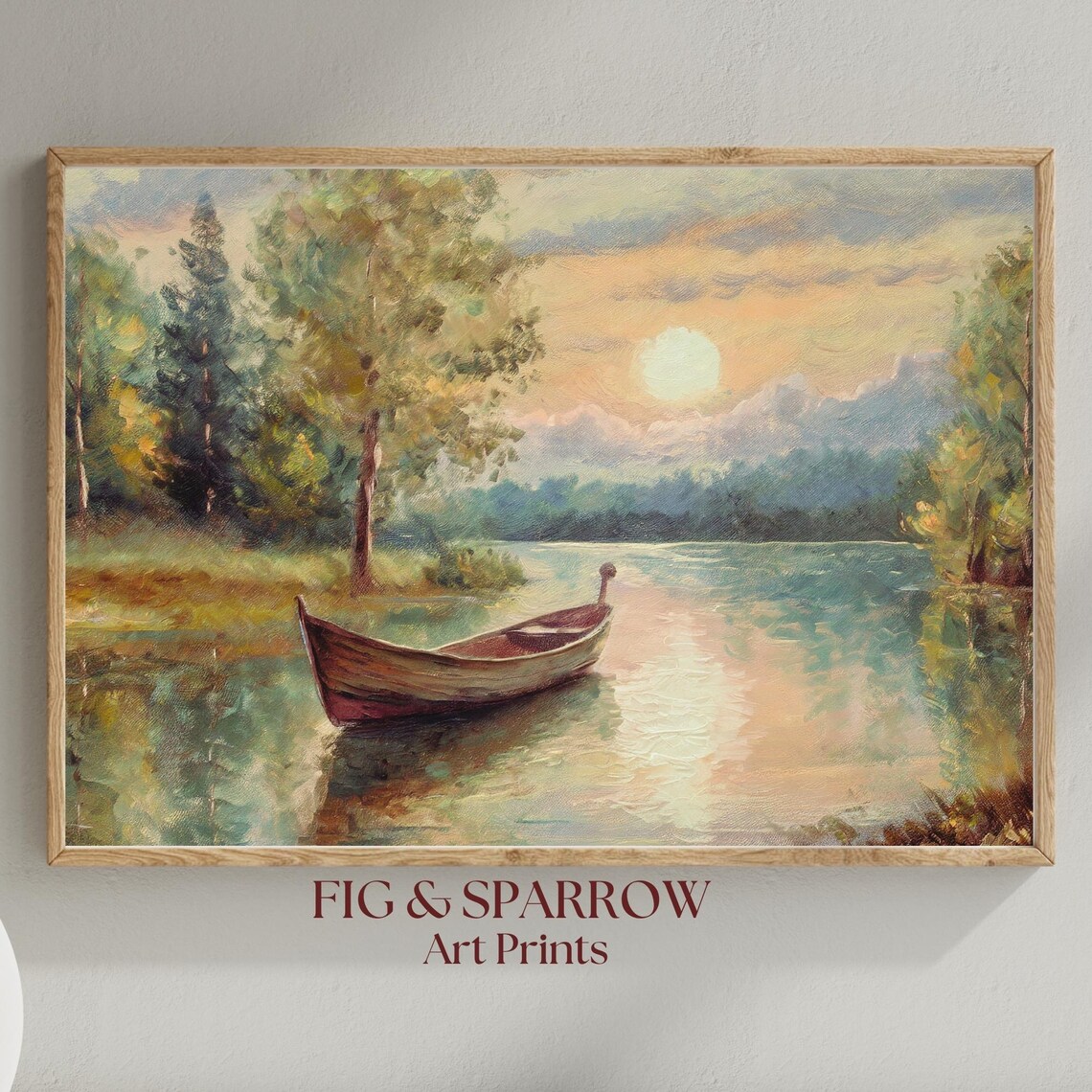 Canoe Lake Sunset Vintage Cabin Landscape Art Print