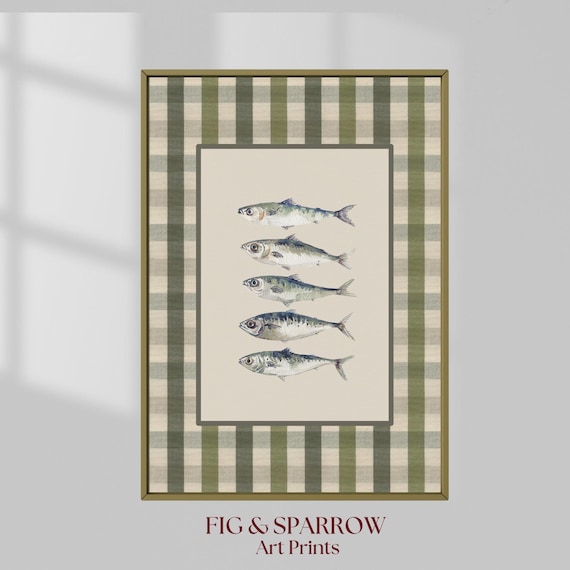 Vintage Sardine Watercolor Art Print, Coastal Kitchen