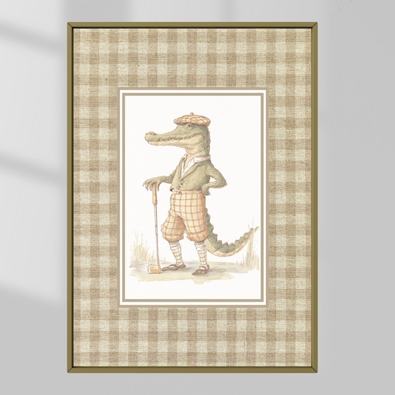 Crocodile Golfer Vintage Nursery Animal Storybook Golf Art Poster