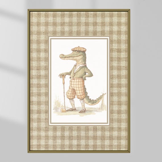 Preppy Alligator Golf Art Print Vintage Nursery Decor
