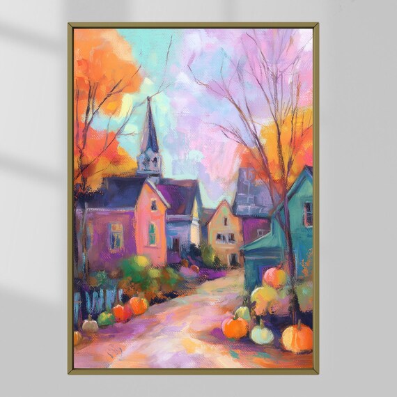 Pastel Autumn Village Church Steeple Pumpkin Fall Harvest Wall Art