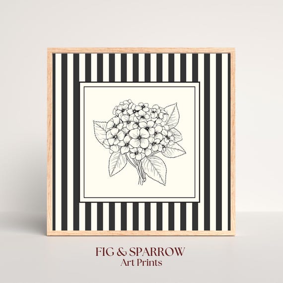 Hydrangea Line Art Print, Black And White Floral Sketch