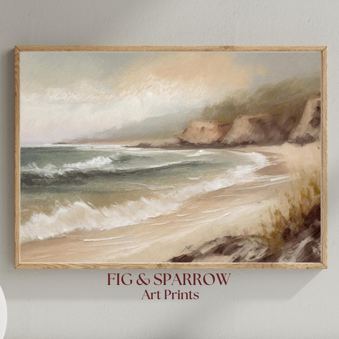 Vintage Beach Landscape Painting Waves Cliffs Coastal Wall Art