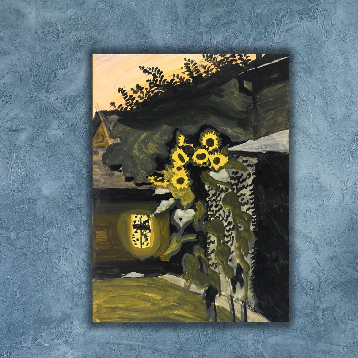 Dark Expressionist Sunflowers Against a Night House Painting Poster