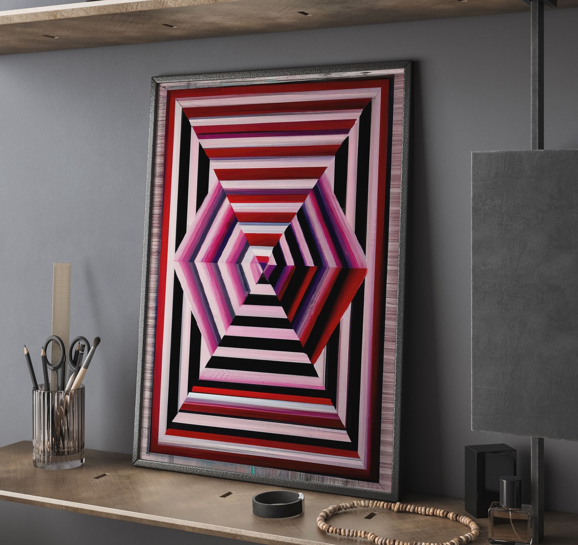 Red Pink Black Hexagon Tunnel Optical Illusion Abstract Art Poster