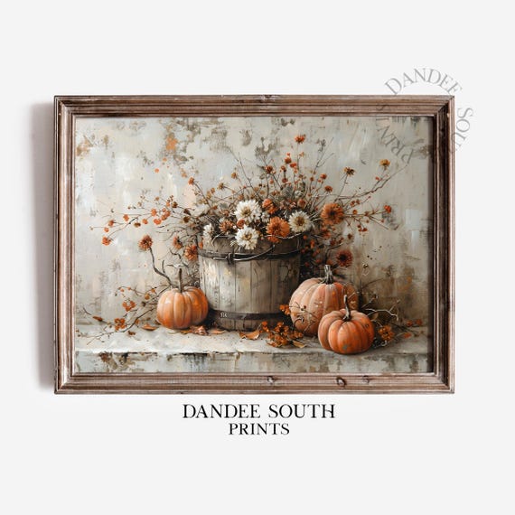 Rustic Fall Wall Art, Autumn Wildflowers and Pumpkins