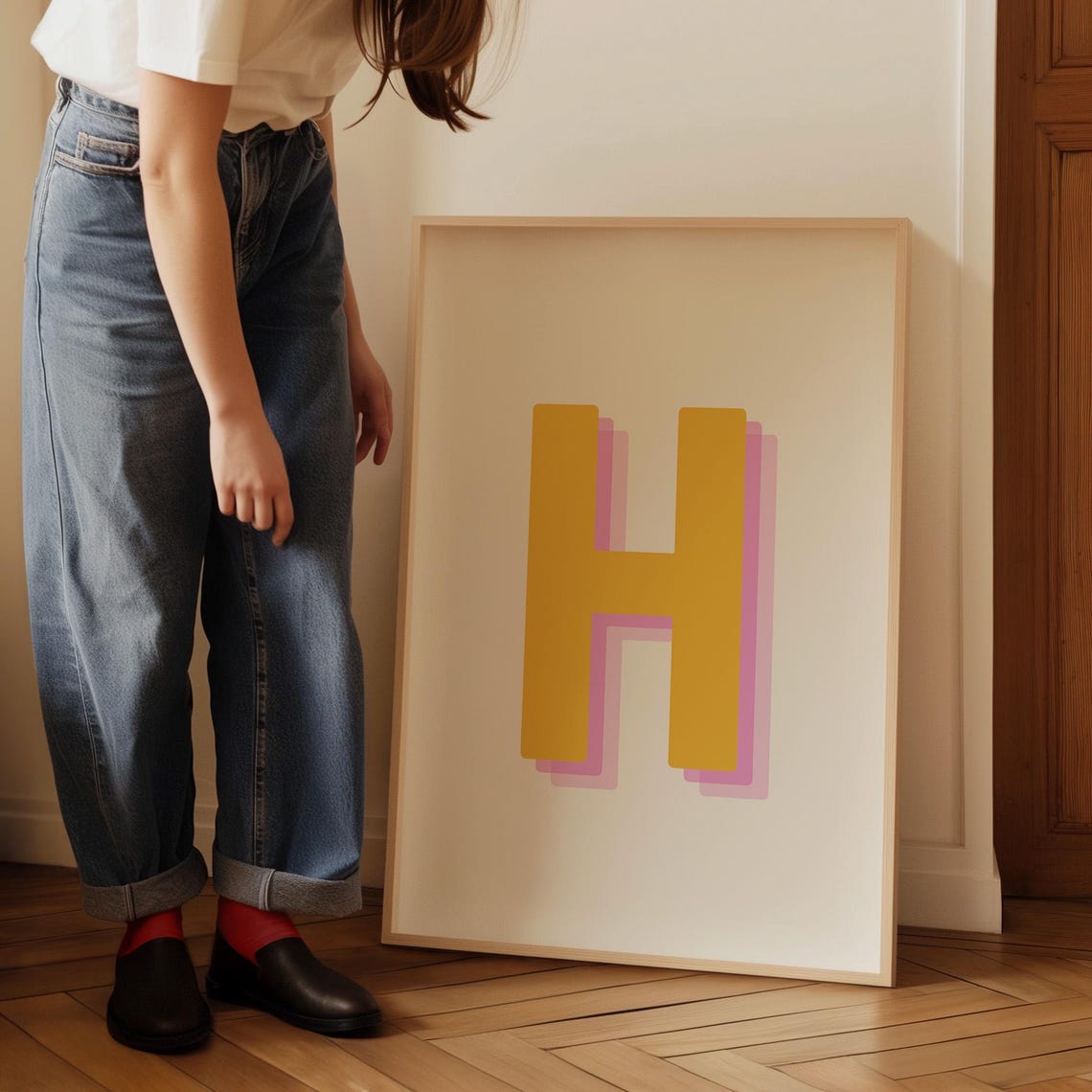 Retro 3d H Print Monogram Letter H Print Yellow Pink Letter Initial Alphabet H Poster Retro Wall Art Dorm Decor - Image 2