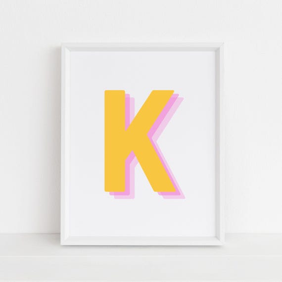 Retro 3d K Yellow Letter Art K Alphabet K Initial Yellow Monogram Letter Wall Art Prints Big Letter For Wall Decor