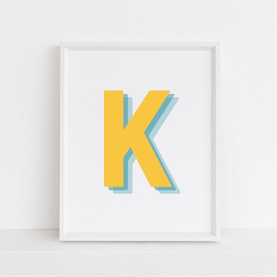 Retro 3D K Letter Art Print, Monogram Print