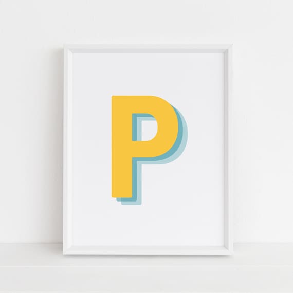 Retro 3D Letter P Yellow Blue Monogram Initial Typography Poster