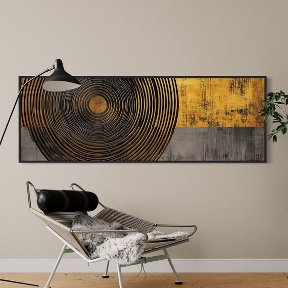 Modern Gold And Black Circle Abstract Circular Pattern Wall Art For Living Room Minimalist Geometric Design With Luxury Appeal