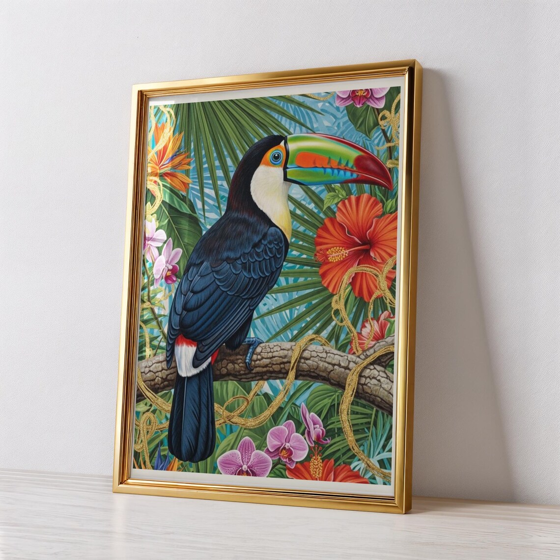 Rainbow-Billed Toucan Tropical Flowers Vibrant Bird Art Poster