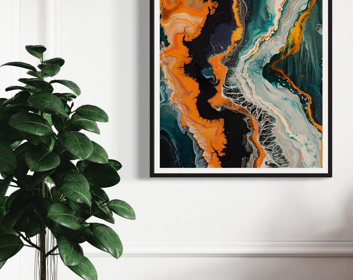 Orange Black Teal Marble Cells Acrylic Pour Fluid Abstract Art Print - Image 4