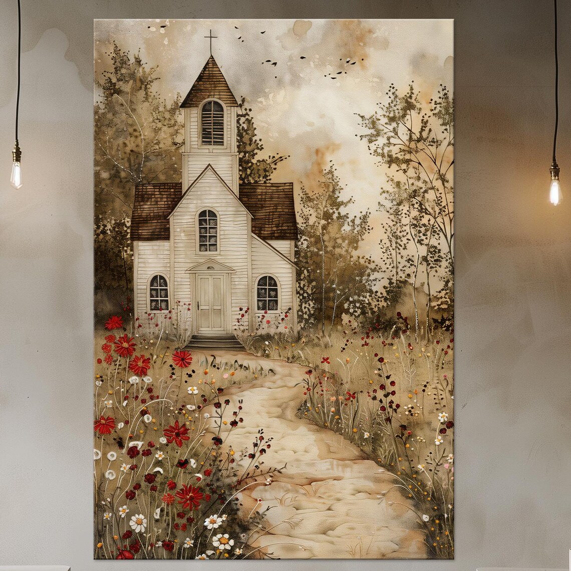 Autumn Chapel Art Print, Christian Farmhouse Wall Decor
