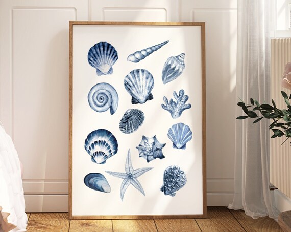 Blue Seashell Collection Watercolor Poster Coastal Beach Nautical Art