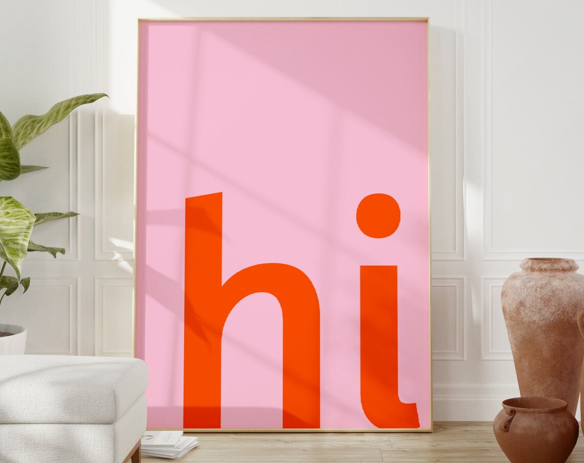 Hi Greeting Orange Pink Modern Minimalist Typography Art Poster