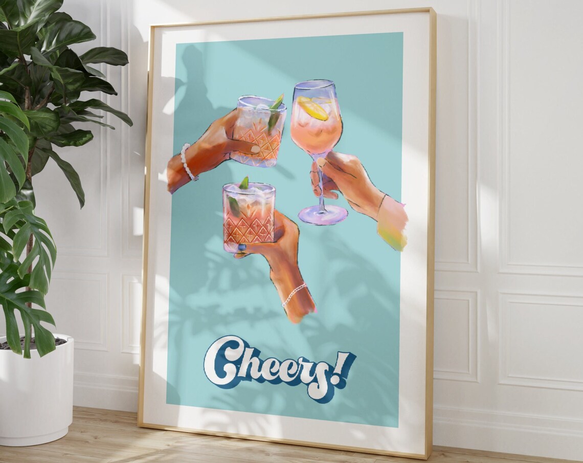 Cheers Cocktail Toast Hands Retro Script Aqua Kitchen Bar Poster - Image 3