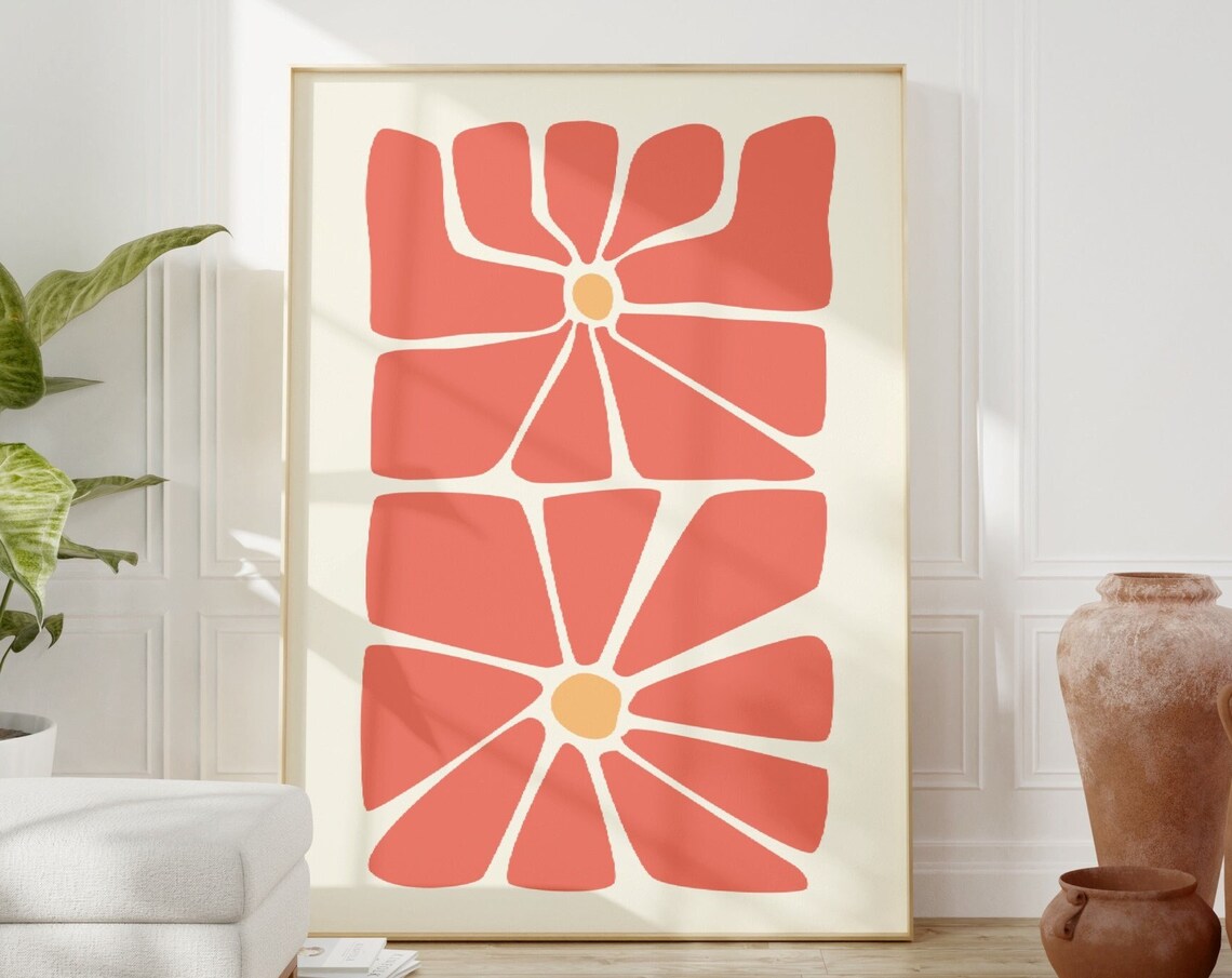 Coral Pink Groovy Flower Heads Cream Boho Retro Poster Wall Decor