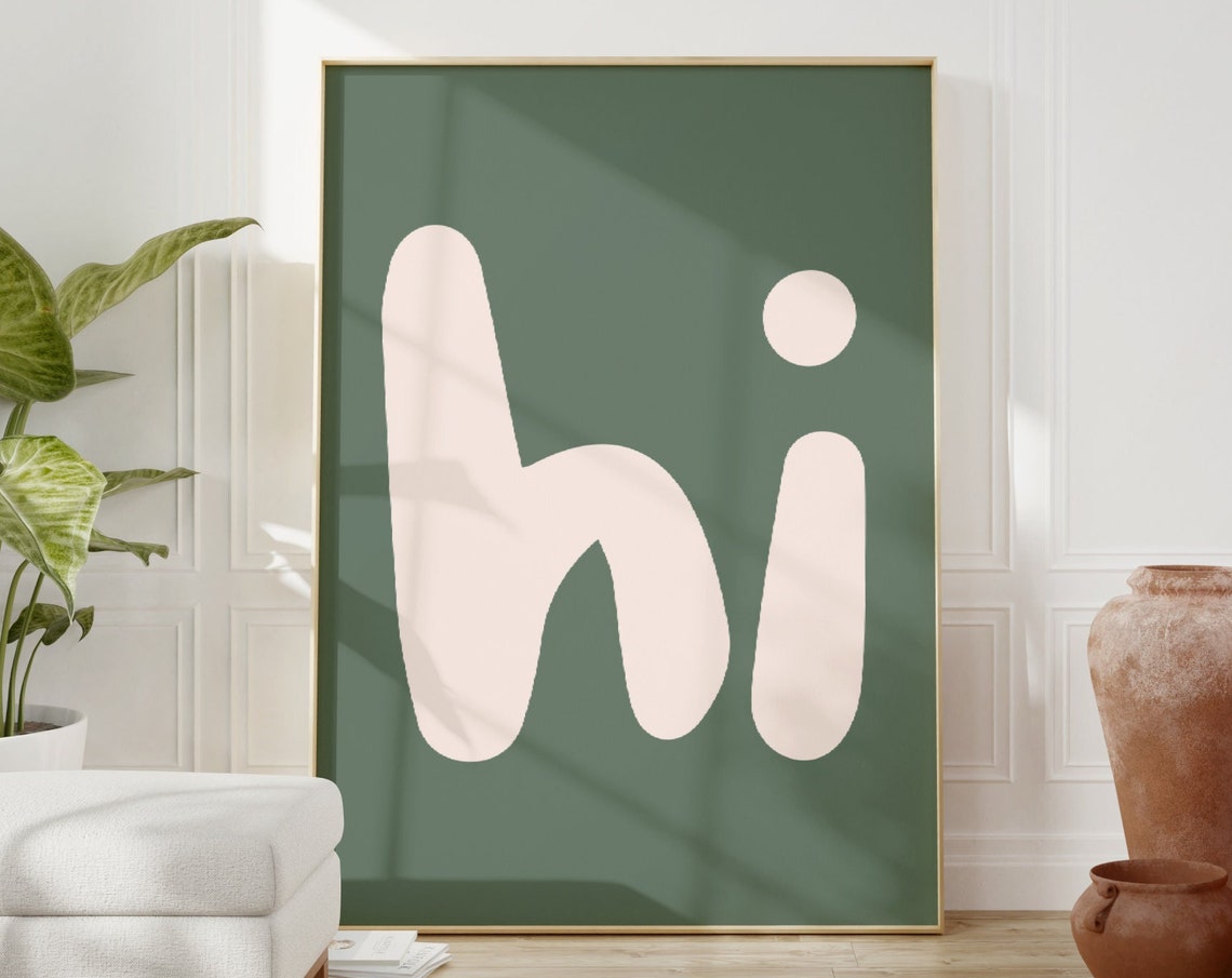 Hi Retro Lowercase Typography Poster Sage Green Minimalist Fun Decor
