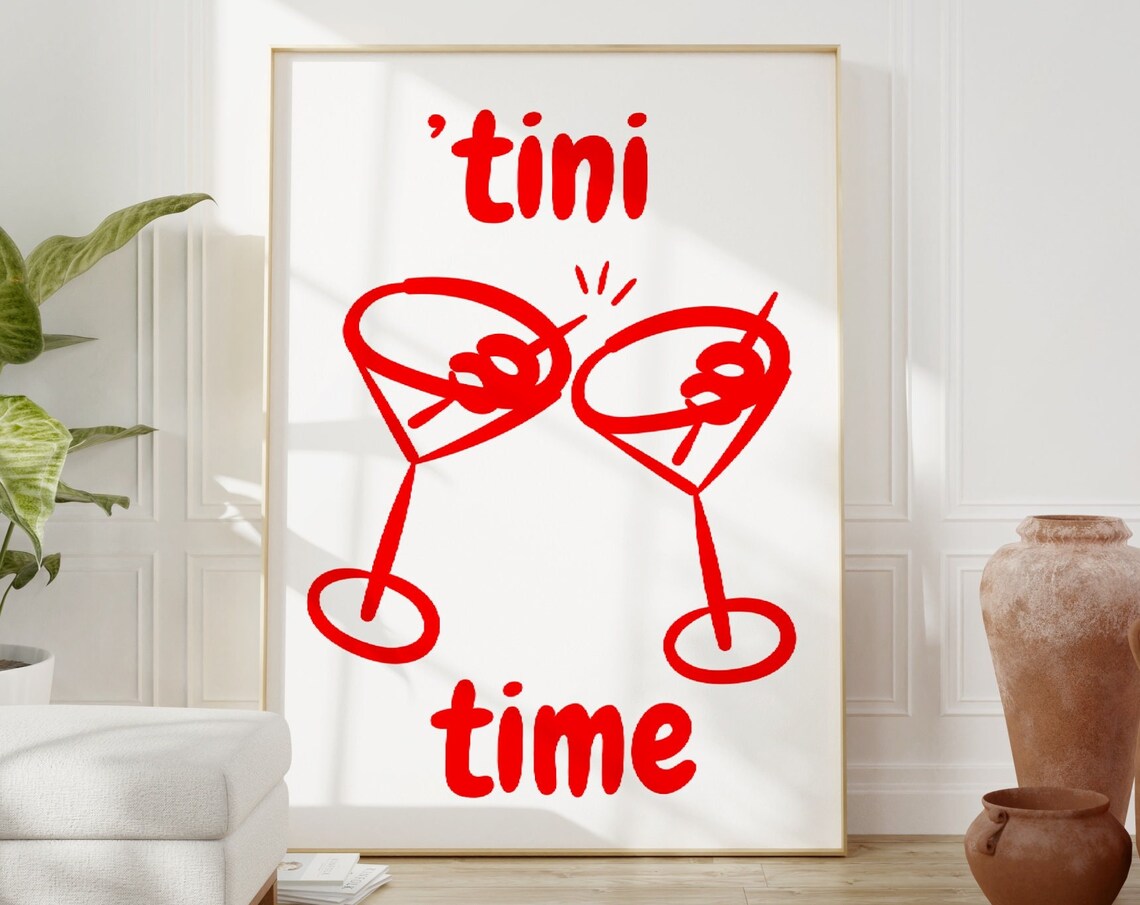 Tini Time Red Martini Cocktail Glasses Bar Cart Retro Art Print