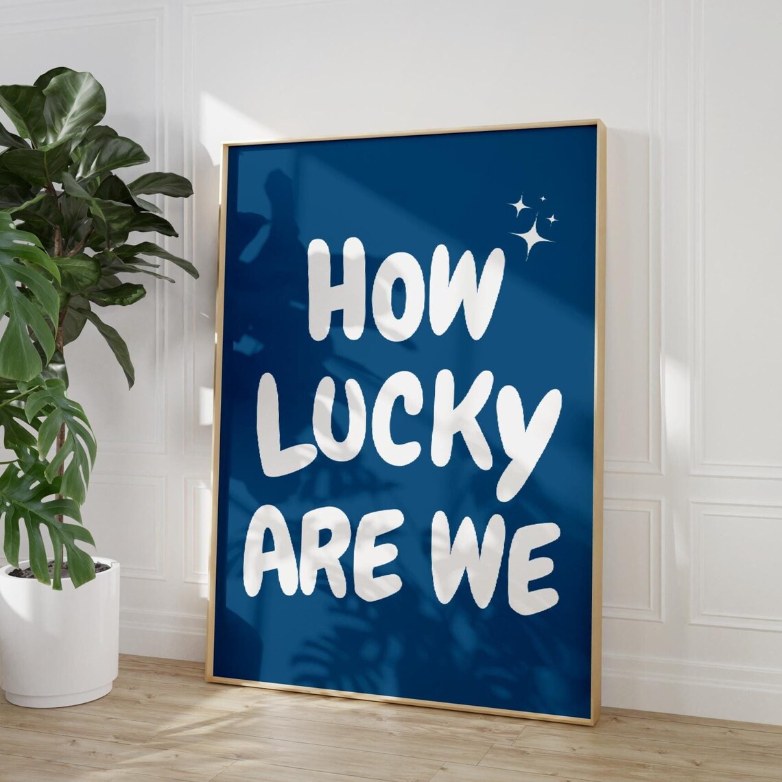 How Lucky Are We White On Navy Blue Retro Affirmation Poster - Image 3