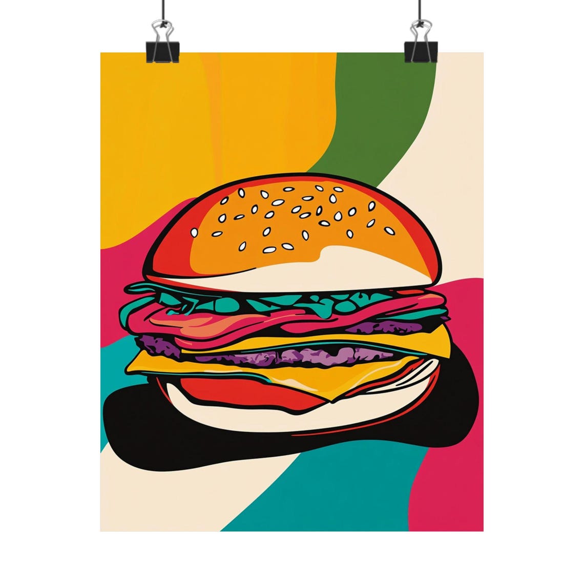 Pop Art Cheeseburger Retro Color Block Fast Food Kitchen Poster